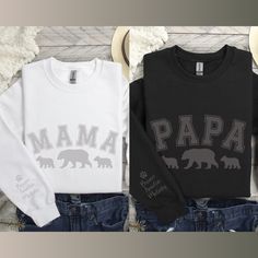 Mama Bear & Papa Bear Couples Sweatshirt - the perfect blend of comfort and personalized style for the dynamic parenting duo! The Mama Bear sweatshirt features a sophisticated "MAMA" in university font, complemented by a heartwarming silhouette of a mama bear and her cubs. The sleeve proudly displays the option to personalize with the names of their cherished children, making it a unique and sentimental piece. Please include the names you would like printed on the sleeve in the personalization b Personalized White Tops For Winter, Mom And Dad Sweatshirts, Mama Bear Hat, Father’s Day Name Print Crew Neck Shirt, Mama Bear Papa Bear Shirts, Mama Bear Sweatshirt, Bear Sweatshirt, Mama Bear Shirt, Couples Sweatshirts