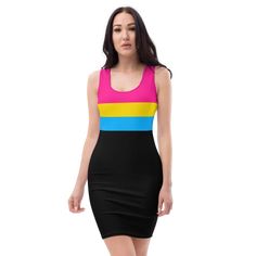 Stylish black pansexual pride dress. This beautiful sleeveless bodycon style tank dress with pansexual flag top is soft, stretchy and comfortable to wear. Ideal as pride month outfit to show off your pan pride. Click the link to find out more. #ontrendshirts #pridedress #lgbtq #lgbt #prideoutfit #queerpride #queerfashion #pansexualdress #pansexualpride #pansexualclothing #panpride #pansexualflag Black Color Block Tank Top For Summer, Black Sleeveless Color Block Tank Top, Spring Fitted Color Block Tank Top, Fitted Color Block Tank Top For Spring, Black Sleeveless Tank Top For Rave, Trendy Fitted Color Block Dress, Fitted Rave Tank Top For Summer, Black Sleeveless Color Block Dress, Trendy Fitted Color Block Tank Top