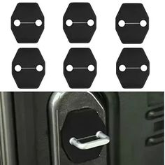 six black door handles with white knobs on each side and four different styles of latches