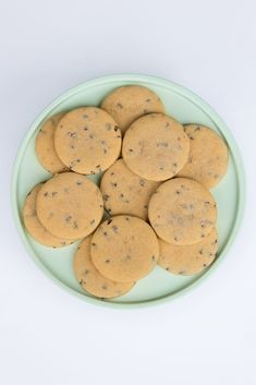 chocolate chip cookies on a green plate