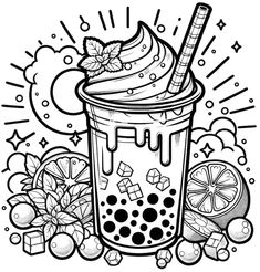 an ice cream sundae with candy and candies on the table coloring book page