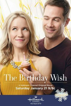 a man and woman holding a cupcake in front of a white background with the words, the birthday wish on it