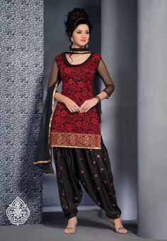 black and red golden embroidery work designs brasso #punjabisuit comes with black net dupatta. Black Patiala Suit, Red Dress Design, New Saree Designs, Choli Designs