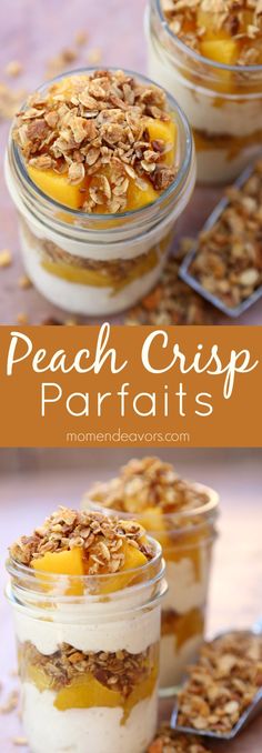 peach crisp parfaits in small glass jars with spoons on the side and text overlay that reads peach crisp parfaits