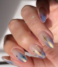 Christmas Nails Iridescent Star Nails, Astrology Themed Nails, Dreamy Nail Designs, Starry Nail Designs, Solstice Nails, Astronomy Nails, Irridecent Design Nails, Dreamy Nail Art, Virgo Nails Acrylic