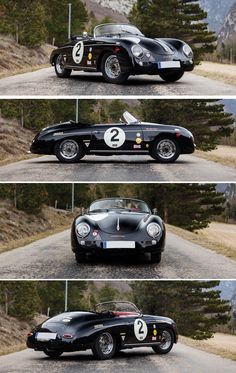 three different views of a black sports car on the road with trees in the background