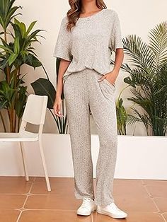 Famulily Women's Ribbed Oversized T-shirts and Wide Leg Lounge Pants Sets with Pockets, 2 Piece Outfits Tracksuits Loungewear Ladies Pyjamas Set (XL, Beige) : Amazon.co.uk: Fashion