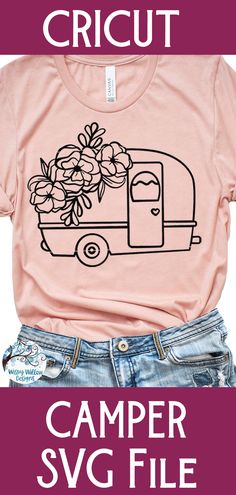 a pink shirt with an image of a camper and flowers on it