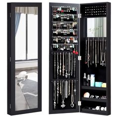 PRICES MAY VARY. 【Wall and Door Mounted Jewelry Cabinet】The cabinet can be both wall mounted and door mounted and the height is also adjustable as your needs. No matter which mounting you choose, it can save much space for you. The mounting height is adjustable. 【Large Storage Capacity】This jewelry armoire includes 6 lined shelves for holding earrings (84 earring slots & 78 earring holes), 25 hooks for necklace and bracelet, 4 rows of 40 ring slots, 3 storage shelves and an inside makeup mirror. Wall Mounted Jewelry Armoire, Armoire Storage, Mirror Jewelry, Rv Organization, Mirror Jewellery Cabinet, Cabinet Wall, Jewelry Cabinet, Jewelry Mirror, Mdf Frame