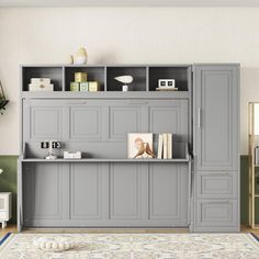 a living room with gray cabinets and a rug