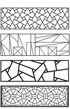 four different types of stained glass in black and white, each with an abstract pattern