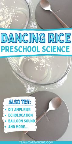 Text: Dancing Rice Preschool Science
Also Try: DIY Amplifier, Echolocation, Balloon Sound, And more...
Top Picture: Close up of dancing rice experiment
Bottom picture: Dancing rice experiment with dry rice on plastic wrap over a bowl next to a baking pan and metal spoon. Dancing Rice Sound Experiment, Echolocation Activities For Preschool, Dancing Rice Experiment, 4h Activities, Dancing Rice, Classroom Stem Activities, Dancing Raisins Experiment