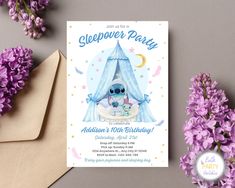 a birthday card with an image of a baby elephant in a tent on top of purple flowers