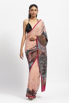 Multicolour saree with printed floral motifs, embellished by sequins and beads. Comes with running blouse piece. - Aza Fashions Cotton Silk Pre-draped Saree With Printed Motifs, Diwali Reception Saree With Printed Motifs, Navratri Printed Pre-draped Saree, Multicolor Floral Print Saree For Reception, Party Georgette Blouse Piece With Printed Motifs, Bollywood Style Pre-draped Saree With Printed Motifs For Party, Festival Pre-draped Saree With Printed Motifs For Party, Eid Floral Print Pre-draped Saree, Festival Party Pre-draped Saree With Printed Motifs