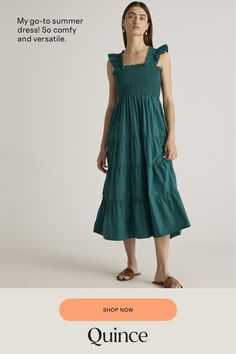 This floaty, flirty, light dress is about to become your fave for summer. Flattering A-line cut, smocked elasticated top, tiered poplin skirt. The sleeveless style has ruffle detailing and all in breathable, natural 100% organic cotton poplin. It's soft, comfy, and the midi-length has the potential to be dressed up or down.  | Quince | Women's Smocked Midi Dress in Garden Green, Size Medium, Organic Cotton Summer Smocked Tiered Dress, Tiered Cotton Sundress With Smocked Back, Cotton Smocked Dress With Tiered Skirt For Summer, Tiered Cotton Smocked Dress With Ruched Detail, Cotton Tiered Sundress With Smocked Back, Tiered Cotton Midi Dress With Smocked Bodice, Summer Smock Tiered Dress, Cotton Tiered Midi Dress With Smocked Bodice, Sundress With Smocked Bodice And Midi Length