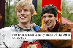 two young men dressed in medieval costumes with the caption best friends each secretly think of the other