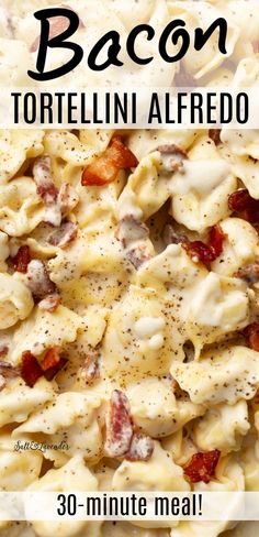 closeup of pasta in sauce with text overlay that reads bacon tortellini alfredo - 30 minute meal Bacon Tortellini Alfredo, Bacon Tortellini, Alfredo With Bacon, Tortellini Alfredo, Parmesan Cream Sauce, Tortellini Recipes, Fast Dinner Recipes, Cozy Dinner, Food Experience