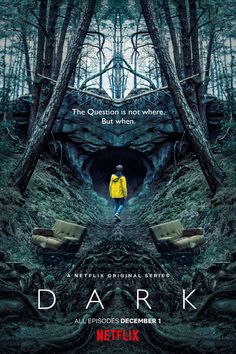 the dark movie poster with a man in yellow jacket standing in front of a forest