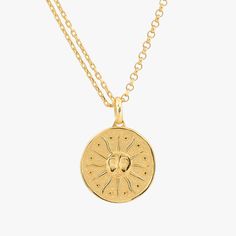 An isolated image of the 18K Gold Vermeil Sun Necklace showcasing the detailed sun face and rays design on the circular pendant, suspended on a fine gold chain. Dangle Cross Earrings, Radiant Beauty, Face Pendant, Sun Face, Sun Necklace, Face Necklace, Sun Pendant, Ring Chain, Gold Sun