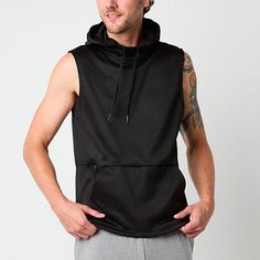 This Xersion men's sleeveless hoodie is essential for high performance active days. Made from a soft moisture-wicking fleece, this pullover top has front pockets and a drawstring hood. Wear it with sweatpants. Features: Moisture WickingClosure Type: Pullover HeadFit: Regular FitNeckline: Hooded NeckPockets: 1 Front Kangaroo Pocket, 1 Front Zip PocketSleeve Length: SleevelessApparel Length: 29.5 Inches - FrontFiber Content: 100% PolyesterFabric Description: FleeceLining Material: PolyesterCare: T Functional Gym Tops With Drawstring Hood, Functional Gym Top With Drawstring Hood, Hooded Athleisure Vest For Sports, Athleisure Hooded Sports Vest, Sleeveless Athleisure Top With Drawstring Hood, Techwear Sports Hooded Top, Hooded Sports Vest, Sweat-resistant Black Hoodie For Training, Black Sweat Resistant Hoodie For Training