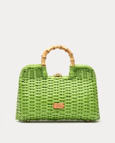 Buzzy Basket Wicker Peony Lime Green - Frances Valentine Valentine Bags, Bamboo Purse, Frances Valentine, Colorful Handbags, Bamboo Bag, Leather Frames, Stylish Handbags, Wicker Basket, Bamboo Handles