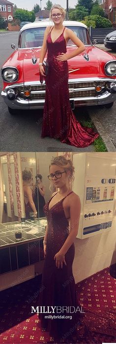 Mermaid Prom Dresses Long, 2019 Burgundy Formal Evening Dresses V Neck, Sexy Military Ball Dresses Open Back, Sparkly Pageant Graduation Party Dresses Sequined #MillyBridal Classy Formal Dresses, Prom Dresses Sequin, Mermaid Prom Dresses Long