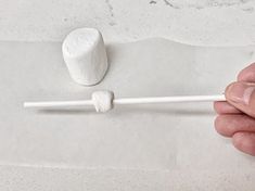 a person is holding a white stick with marshmallows on it in front of them