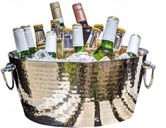 a large metal bucket filled with lots of bottles