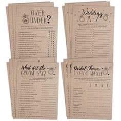 four wedding game cards with the words, what do the bride and groom say?