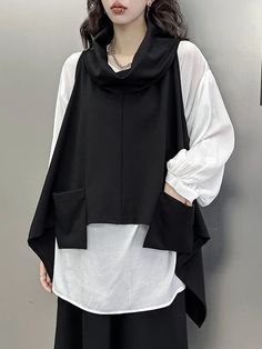 UOOZEE Black Hooded Top With Pockets, Oversized Black Patchwork Tops, Black Hooded Top With Patchwork, Black Hooded Patchwork Top, Casual Punk, Batwing Sleeve Top, Loose Vest, Black Tees, Collar Vest