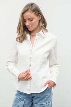 Stretched denim, hidden button down. Princess dart. /denim White Shirt With Hidden Button Closure For Spring, White Button-up Blouse With Hidden Closure, White Button-up Blouse With Hidden Buttons, Spring White Blouse With Snap Buttons, White Blouse With Snap Buttons For Spring, Everyday White Denim Top, White Denim Tops For Everyday, White Denim Everyday Top, White Blouse With Button Closure For Everyday