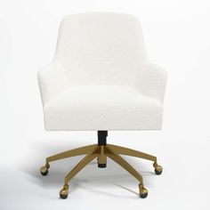 an office chair with wheels and a white upholstered seat, viewed from the front