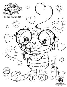 a coloring page for valentine's day with an image of a cat wearing glasses