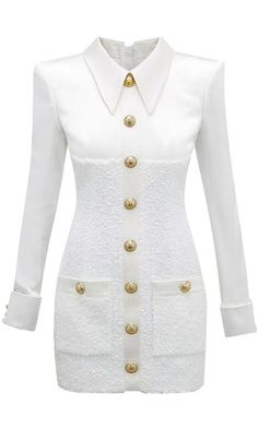 You'll Know My Name White Tweed Long Sleeve Turn Back Cuff Button Fron – Indie XO Channel White Dress, Attractive Outfits, White Tweed Dress, Tweed Mini Dress, Balmain Dress, White Tweed, Elegante Casual, Tweed Dress, White Shirt Dress