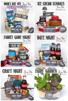 a bunch of different types of food and drinks in a basket with words on it