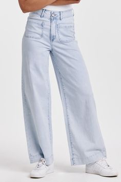 Super high rise wide leg jeans. A statement-making denim wonder, resting at the natural waist, offering a relaxed silhouette in the hip and thigh. Full inseam on comfort stretch denim, accented with front & back patch pockets, wide hem opening, back darts for lift support, matching button waistband closure, in an effortless light shade with gentle softness.12 1/2" Front Rise (include waistband), 23" Leg Opening, 30 1/2" inseam (Size 27) COMFORT STRETCH: Slightly snug, give sometime to ease in, may go up one size 99% COTTON 1% SPANDEX Machine wash cold, Tumble dry low Imported Zip fly and button closure Patch front & back pocket Trendy Washed Wide-leg Jeans, Light Wash Relaxed Fit Full-length Wide Leg Pants, Trendy Light Wash Wide Leg Flare Jeans, Trendy Light Wash Wide-leg Jeans, Light Wash Wide Leg Pants With Relaxed Fit, Relaxed Fit Full Length Light Wash Wide Leg Pants, Trendy Light Wash Mid-rise Wide Leg Pants, Light Wash High Waist Relaxed Fit Flare Jeans, Chic Light Wash Relaxed Fit Flare Jeans