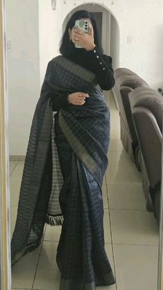 blue saree with black top saree @sareecom_india drape inspired by @dollyjainindia @sareestylist Jacket On Saree In Winter, Saree With Black Top, Saree Styling In Winters, Traditional Winter Outfits, Winter Saree Styling, Cotton Saree Outfit, Style Saree In Winter, Winter Traditional Indian Outfits, How To Style Saree In Winter