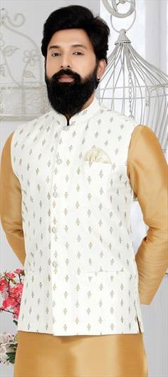 White and Off White color Nehru Jacket in Banarasi Silk fabric with Printed work Luxury White Silk Nehru Jacket, White Zari Work Outerwear For Eid, Festive White Outerwear With Zari Work, Festive White Outerwear For Festivals, White Festive Transitional Outerwear, White Nehru Jacket With Pallu For Festivals, Festive Transitional White Outerwear, Transitional Festive White Outerwear, White Nehru Jacket For Formal Festivals