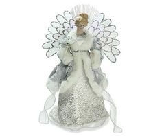 a white angel figurine holding a bouquet of flowers in her hands and wearing a silver dress