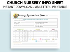 a printable church nursery info sheet with the text, instant information sheet for babysith