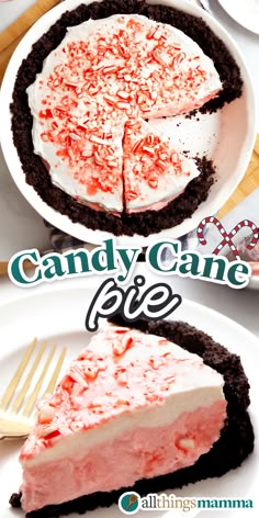 Candy Cane Pie collage image. No Bake Candy Cane Pie, Christmas Pie Recipes Holidays, Candy Cane Pie Recipe, Peppermint Pie Recipe, Cookie Crumb Crust, Christmas Pies, Cool Whip Pies