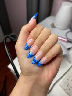 Blue French Flower Trendy Nails- Almond Nails - Gel x Nails- French nails 🦋 Almond Nails For Cruise, Nails Acrylic Blue Oval, Bold Nails Designs, Blue Flower Acrylic Nails, Blue Nail Designs Almond, Almond Nails Designs Blue, Blue French Tip Nails With Design, Blue French Tip Nails Almond, Blue Acrylic Nails Almond