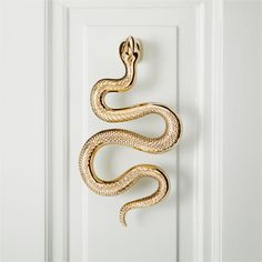 a door handle with a snake on it's side hanging from a white door