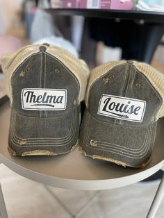 Details Vintage Distressed Trucker Cap "Thelma"Color: Black Distressed Material: Cotton/Polyester blend, Mesh backSize: One size fits most, with an adjustable snapback. Unisex cap. Thelma Louise, Trucker Cap, Mesh, Cute Outfits, Hats, Black, Gifts, Color