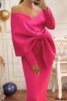 Olivia Mark - Exquisite Rose Red Solid Patchwork V-Neck Bow Evening Dress Pencil Dress Classy, Bow Dresses, Empire Pattern, Slim Bodycon Dress, Midi Dress Chic, Big Size Dress, Midi Party Dress, Strapless Party Dress, Evening Dresses With Sleeves