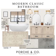 bathroom design board with text describing the different types of bathtubs and sinks in various colors