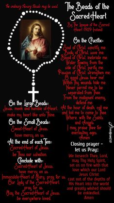 the rosary with an image of jesus on it and some other words in red ink