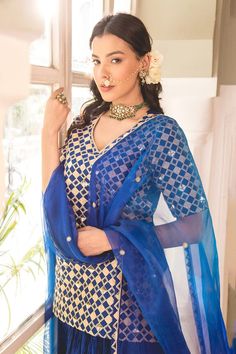 Midnight blue short kurta with geometric marori and zardosi embroidery. Paired with coordinating tasselled dupatta and solid crush lehenga. - Aza Fashions Crush Lehenga, Kurta And Lehenga, Embroidery Geometric, Geometric Leaf, Zardosi Embroidery, Short Kurta, Silk Embroidery, Set For Women, Blue Shorts