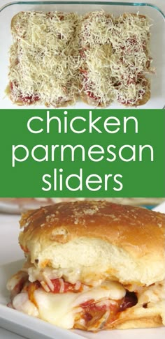 chicken parmesan sliders on a white plate with text that reads chicken parmesan sliders