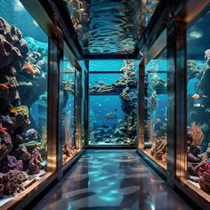 an aquarium filled with lots of different types of fish and corals in glass walls